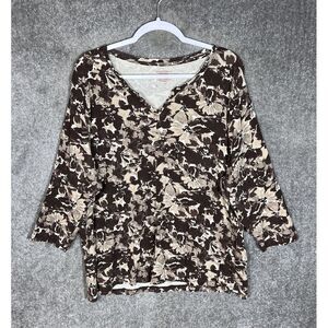 NorthCrest‎ Top Womens Plus Size 2X Brown Floral Cotton V-Neck Long Sleeve
